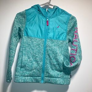 Girls Nautica M 8/10 jacket. Hooded Aqua color with pink.